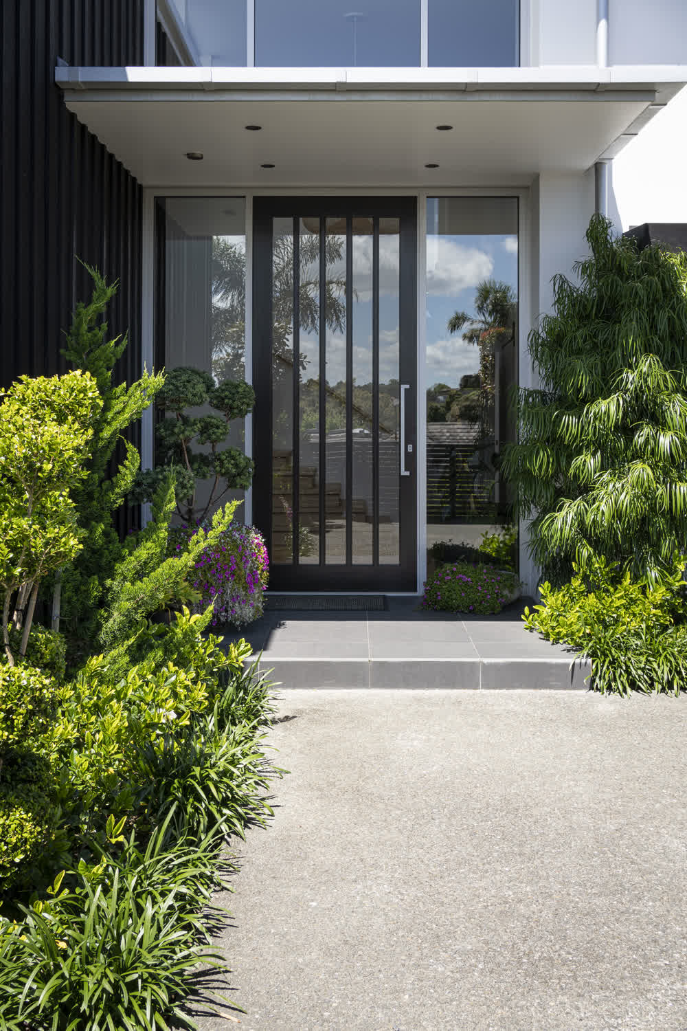 Entryway planting with small shrubs and paved path